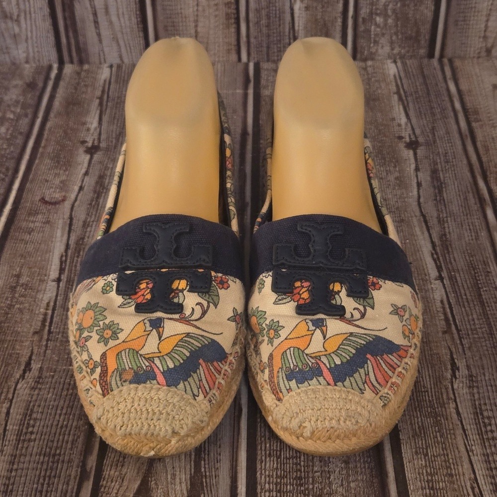 Sz 7.5 Womens Tory Burch Weston Espadrille Blue Bird Floral Print Canvas Shoes